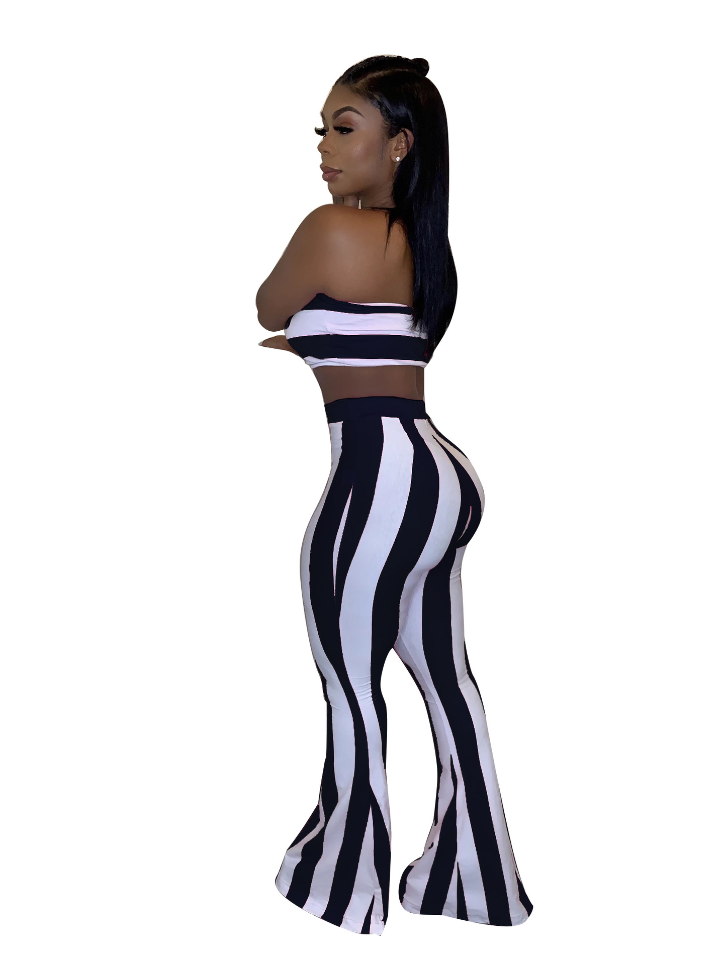 Damen Bandeau Oberteil Und Schlaghose Im Streifenlook Set_voghion.com