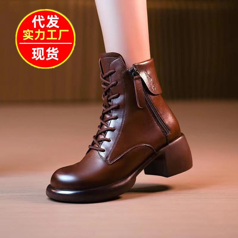Foreign Trade Cross-Border Super Popular Boots Women's Shoes Autum British Style Thick-Soled Short Boots Fashionable Versatile Thick Heel Retro Leather Boots