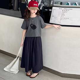 女童夏季短袖套装2025新款夏装女孩酷飒炸街Tt恤阔腿裤儿童两件套