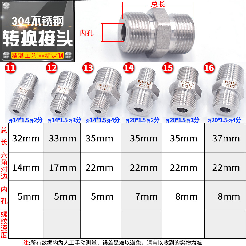 Acoplamiento del manómetro 304 acero inoxidable conector de conversión interna y externa M20 * 1.5 14 * 1.5 2 / 3 / 4 acoplamiento reducido