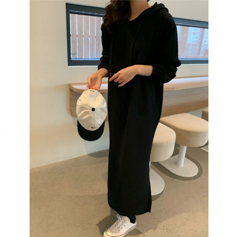 2026 Korean Chic Style Drawstring Hooded Pullover Loose Casual Long Dress with Side Slits for Women