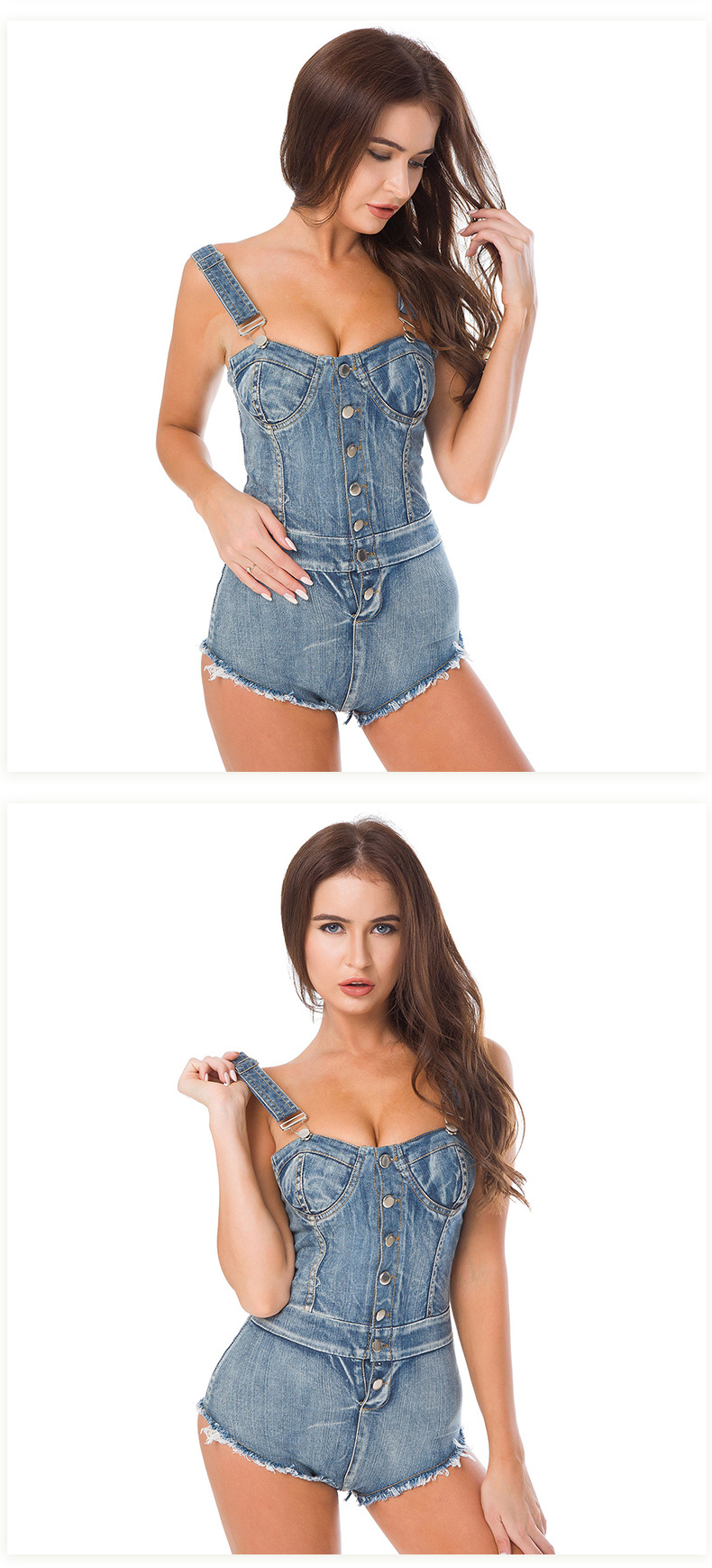 retro plain color denim shorts jumpsuit NSML64771