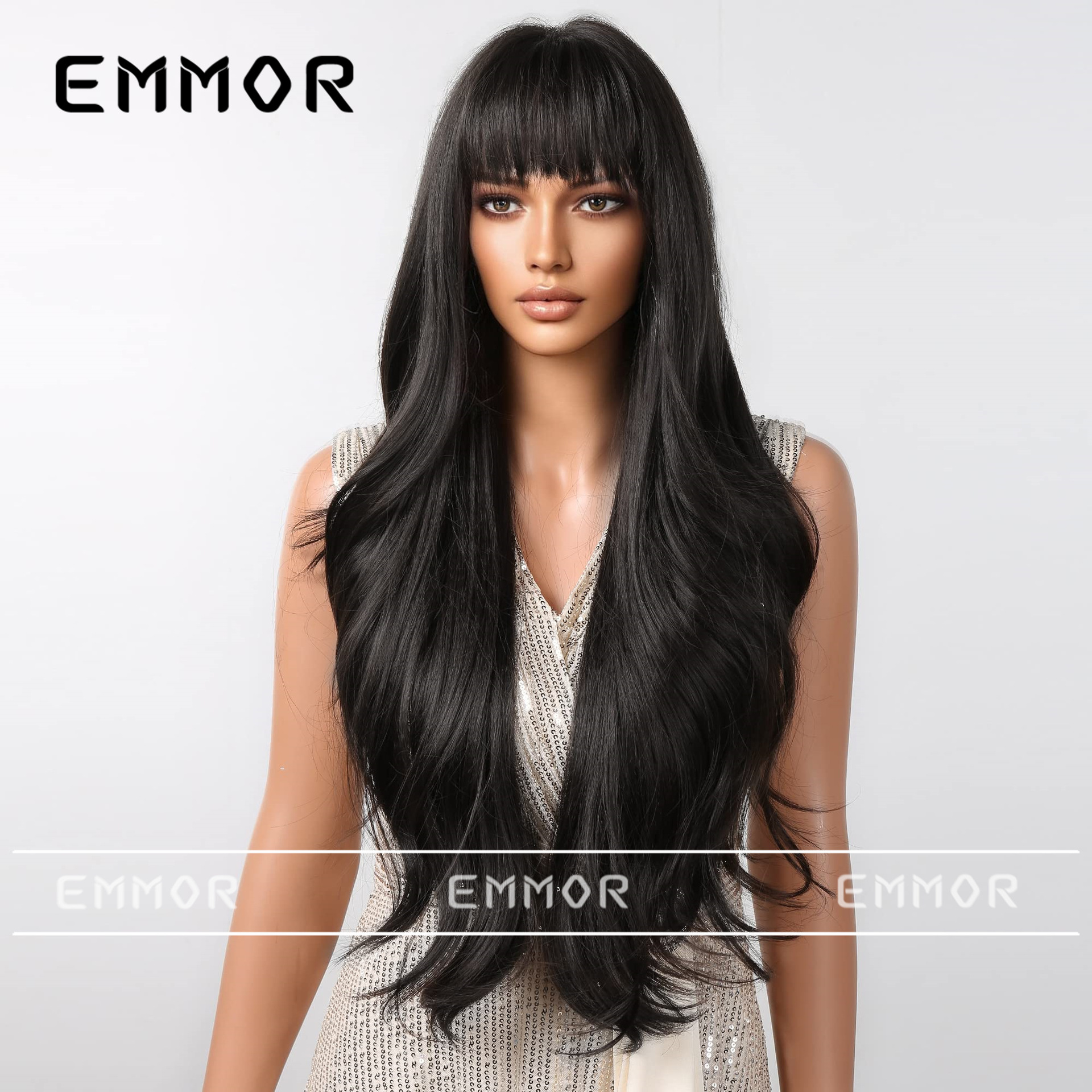 Estilo europeo y americano estilo clásico peluca para las mujeres nuevo estilo flequillo Pelo Largo fuera rizado temperamento moda todo superior fibra química peluca