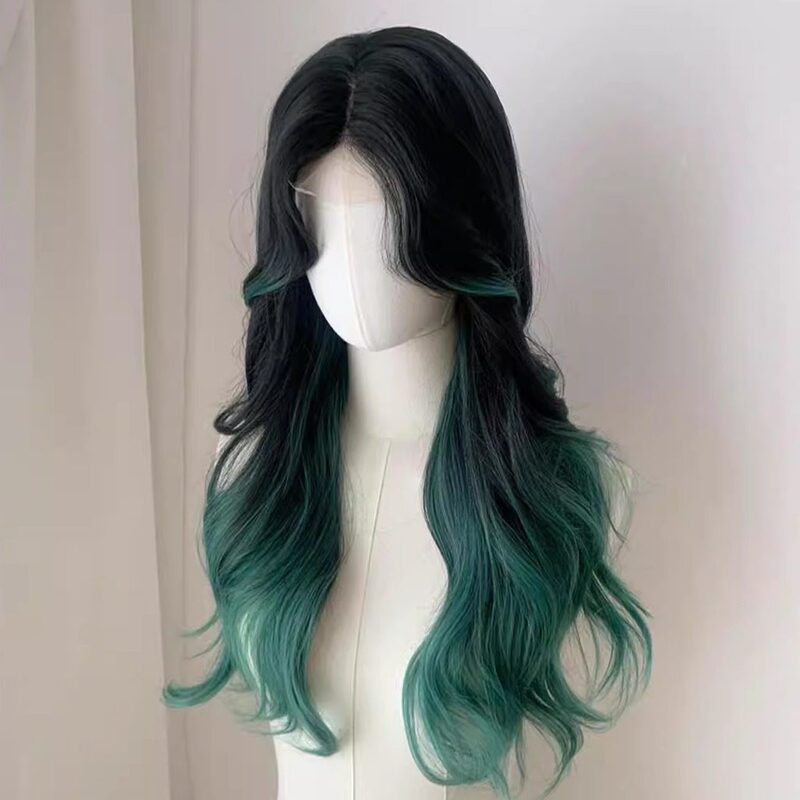 Lace Front Style with Center Parting, Large Waves, Black and Green Gradient Highlights, Long Curly Hair, Parisian Style Dyeing, Daily Wear Wig Set Lace Front Style with Center Parting, Large Waves, Black and Green Gradient Highlights, Long Curly Hair, Parisian Style Dyeing, Daily Wear Wig Set