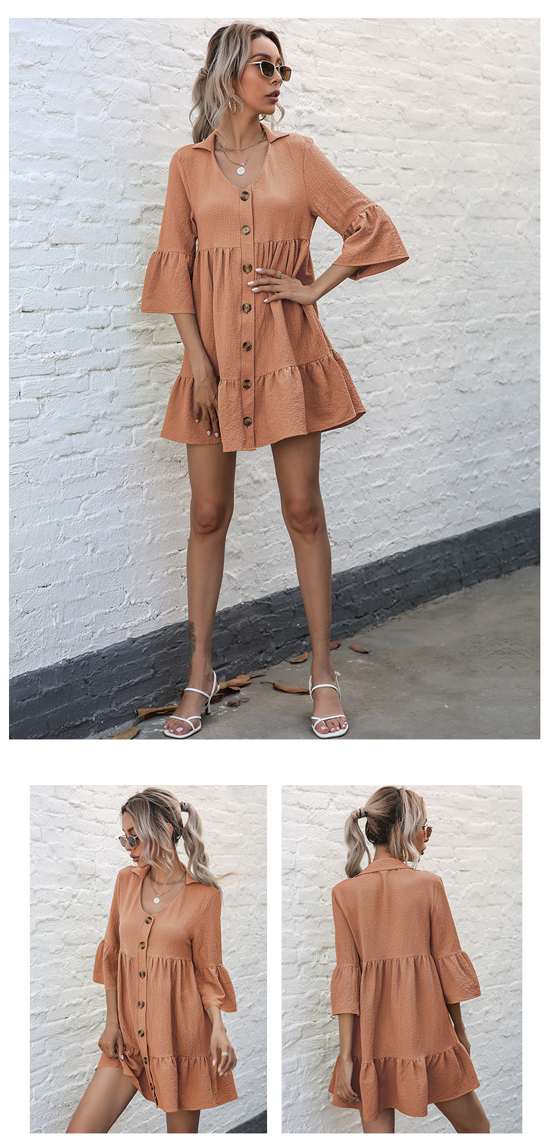 Solid Color Loose Lapel Five-Sleeve Doll Dress_voghion.com