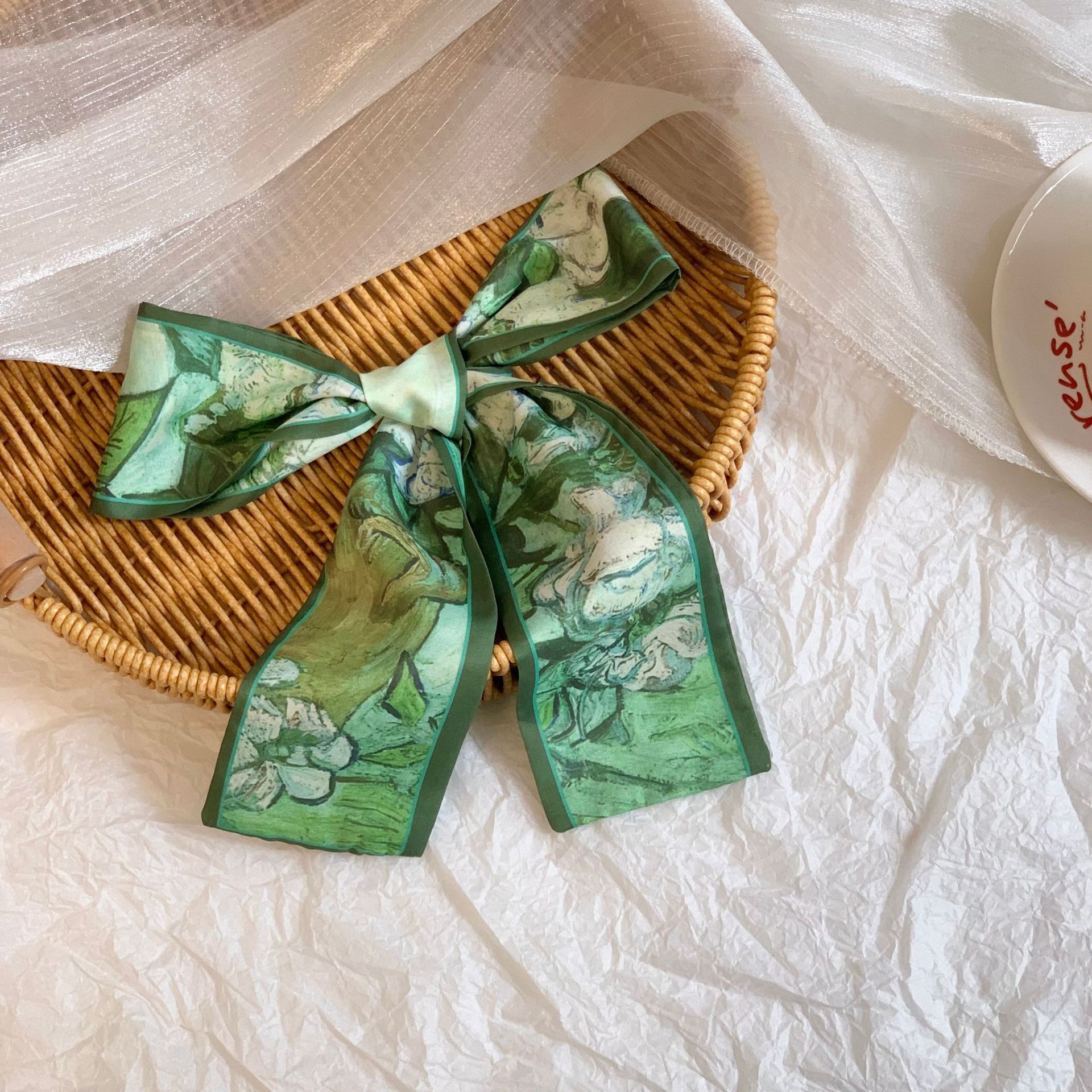 Pañuelo de seda largo, atmósfera coreana, nueva serie fresca, temperamento, pañuelo en la cabeza de alta gama, cinta para el cabello, bolsa para el cabello, cinta