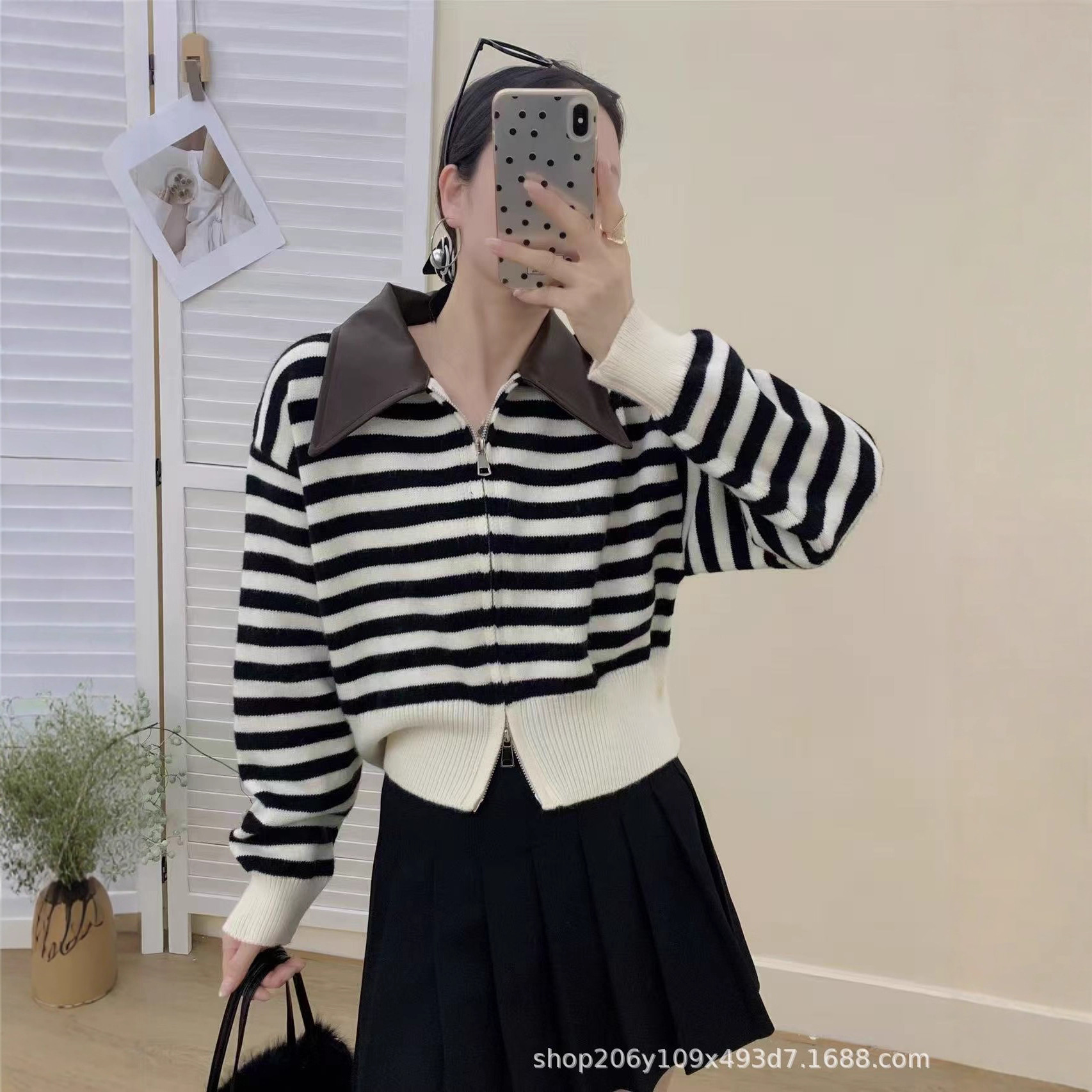 欧货PU皮小翻领条纹毛衣外套女秋冬小个子短款拉链针织开衫上衣潮
