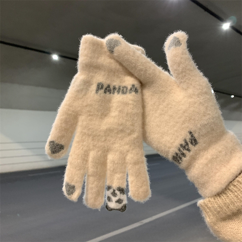 Gloves Autumn and Winter Female Cute Cycling Warmth and Thickened Cold Protection Student Knitted Wool Touchable Screen Cotton Gloves with Five Fingers