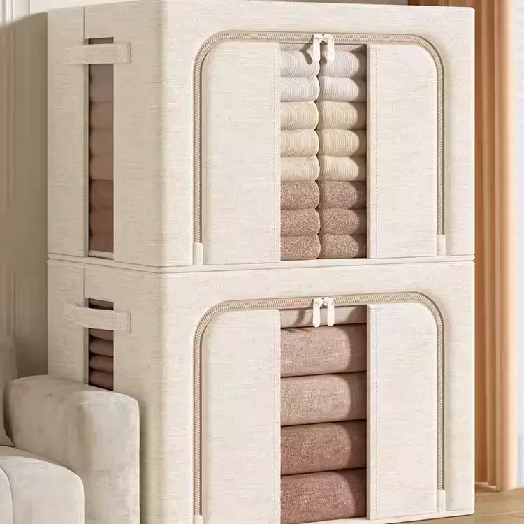 收纳箱加厚天山棉麻喷塑钢架有盖布艺折叠收纳整理箱衣服储物箱