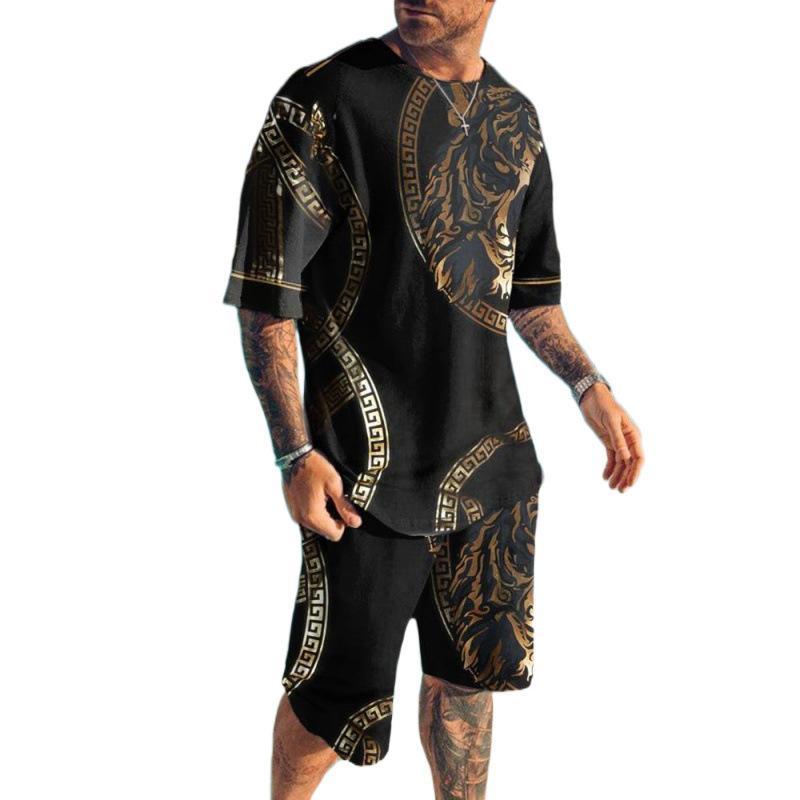 2023 verano transfronterizo camiseta 3D europea y americana manga corta pantalones cortos de dos piezas deportivos casuales para hombres