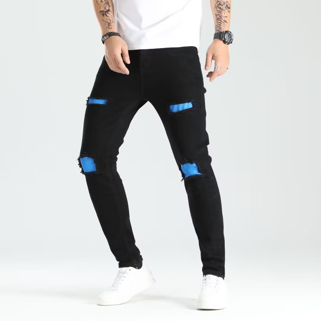 Jeans Ajustados Rasgados para Hombre de Algodón, Elástico, Con Parches, para Uso Casual image 4