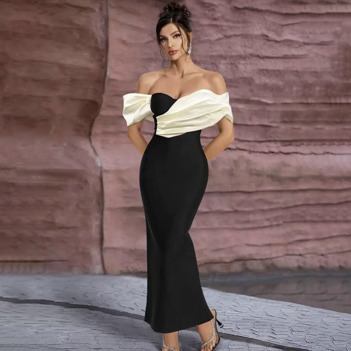 Popular French-Style Strapless Patchwork Dress with a Waist-Cinching, Slim-Fit, Body-Hugging Bandage Evening Gown