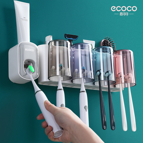 ecoco Creative Toothbrush Storage Rack No-Punch Mouthwash Cup Wall-mounted Bathroom Automatic Toothpaste Squeezer