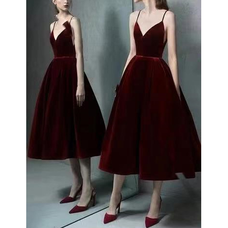 Nueva moda elegante estilo Socialite sin espalda Correa con cuello en V de media longitud vestido de color sólido vestido de banquete de las mujeres