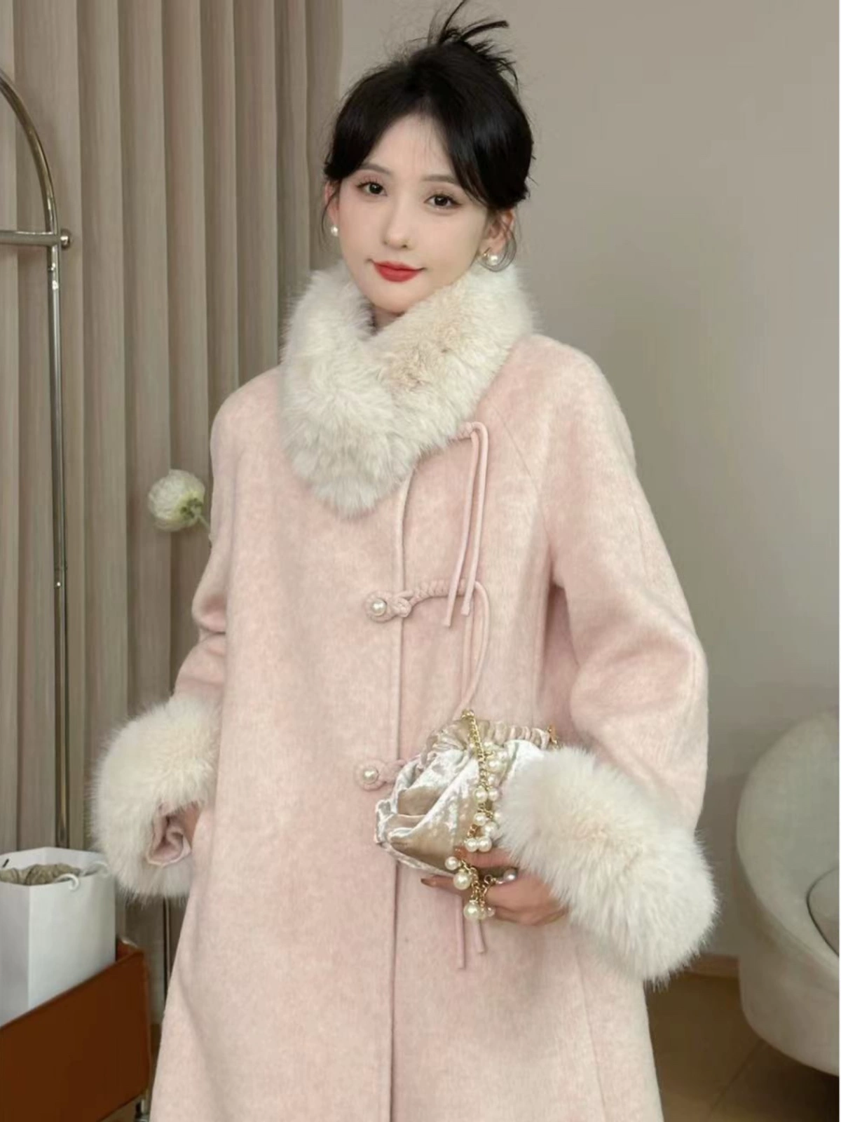 Velvet woolen coat with down, Chinese style, duck down, plus size, fitted