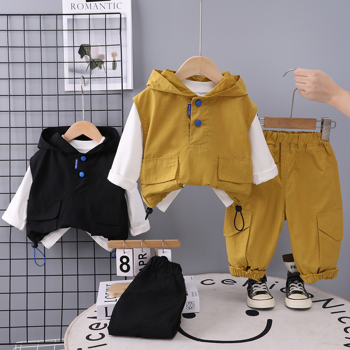 Boys Suit Spring and Autumn 2025 New Kidsren's Clothes Hooded Work Vest Autumn Trendy Kidsren's Clothing Baby Three-Piece Set