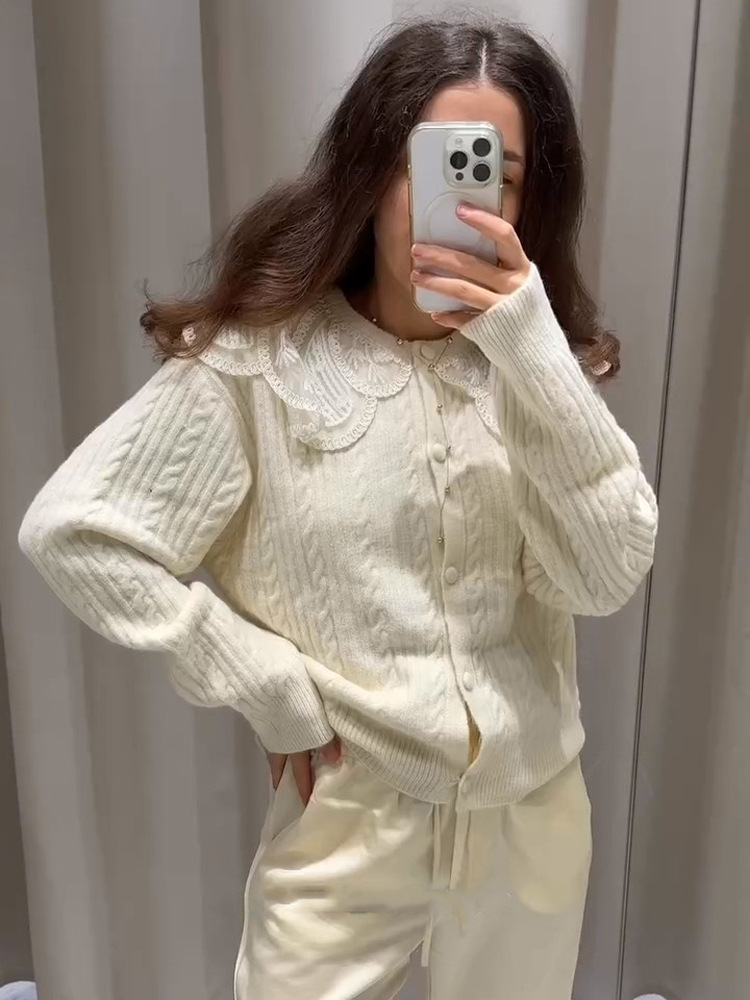 Collar de encaje de color sólido cosido cardigan de punto temperamento elegante 2026 otoño y invierno nuevo estilo transfronterizo europeo y americano