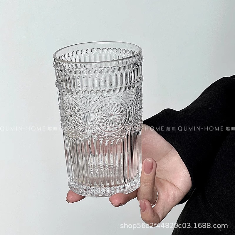 INS estilo girasol taza de agua de alta apariencia vintage taza de vidrio en relieve hielo taza de café americano hogar bebida fría taza