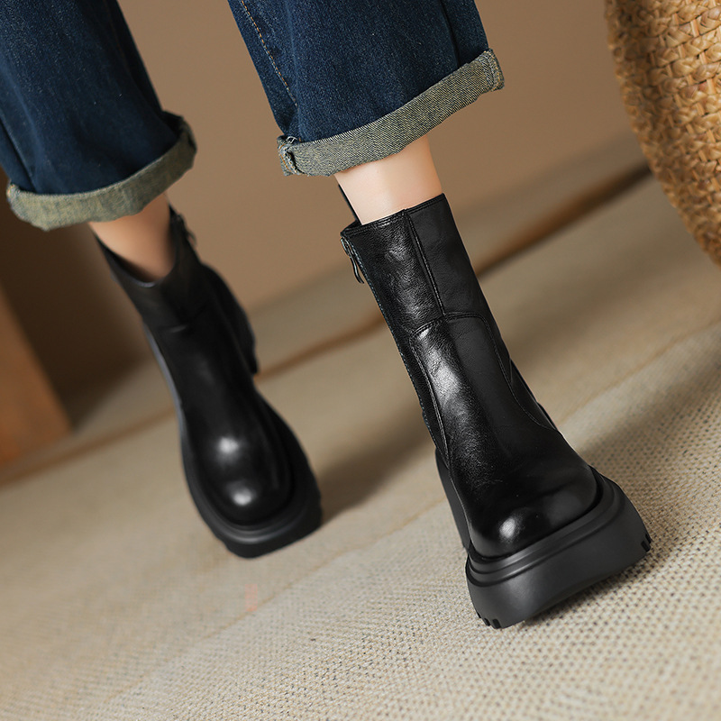 Thick-Soled Martin Boots for Women 2025 Autumn and Winter Genuine Leather High Heels Thick Heels for Small People to Increase Height Platform Soles Slim Boots Wholesale