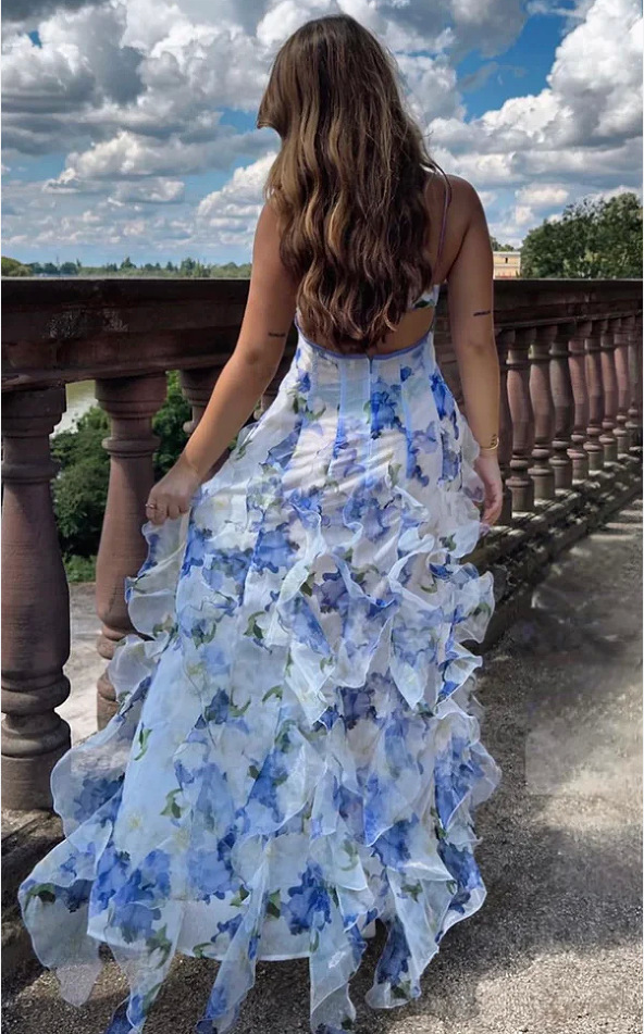 Maxi Long Dress Dress Length Type Sleeveless Sleeve Length Wholesale Women's Elegant Vacation Printing Flower Casual Holiday V Neck Strap Sleeveless Chiffon Dress