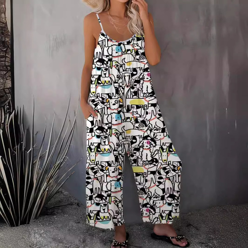 2024 Amazon Cross-border Women's Independent Store Spring Style Printed Pleated Tankini Bodysuit Versatile Medium Stretch