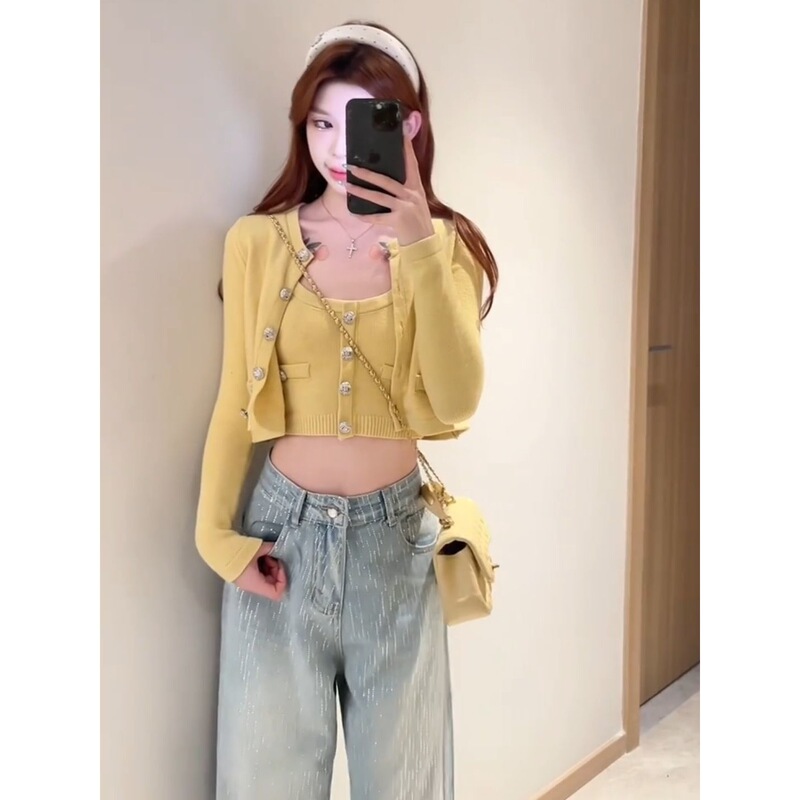Tweed Style Knitwear Women's 2025 Early Autum New Korean Style Soft Waxy Knitted Cardigan Sexy Camisole Suit