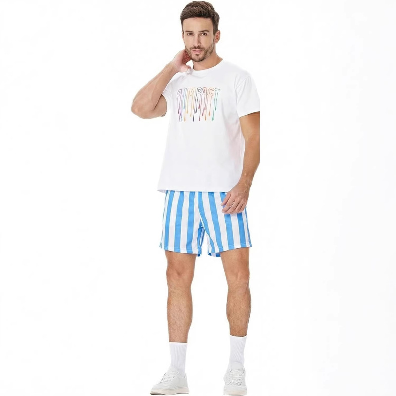 Men's Blue and White Vertical Striped Quick-Dry Beach Shorts, Summer Loose Drawstring Casual Swim Shorts, Vacation Plus-Size Shorts