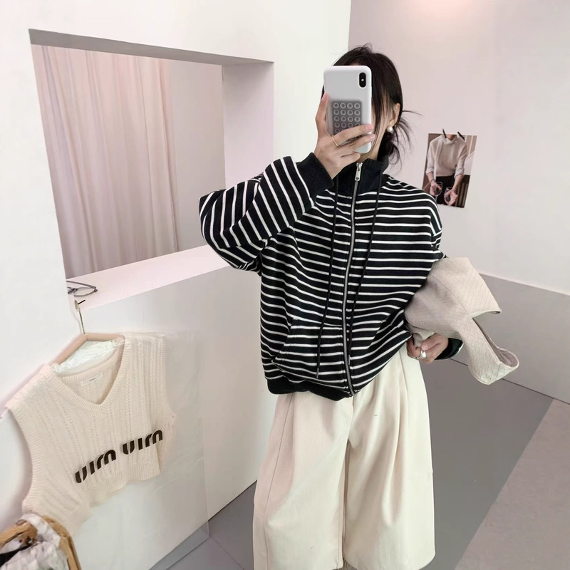 25s复古条纹卫衣开衫女 秋冬新款宽松慵懒风立领拉链厚款外套批发|undefined