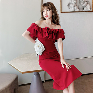 Red dress with ruffle and off shoulder collar