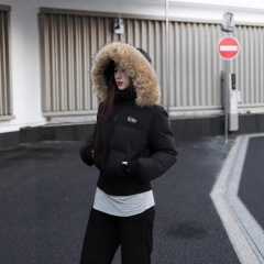 黑色大毛领连帽羽绒棉服女短款2025年冬季韩版收腰棉衣小个子外套