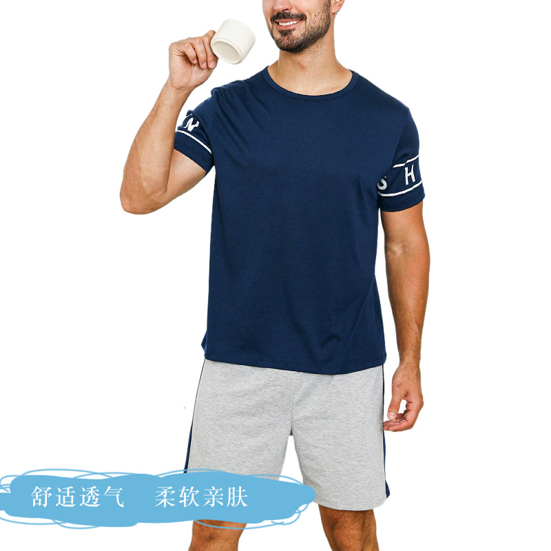 Conjunto de ropa de casa para hombre de comercio exterior, ropa de descanso informal fina de verano para hombres jóvenes, pijamas cómodos y elegantes para hombre con mangas cortas y pantalones cortos.