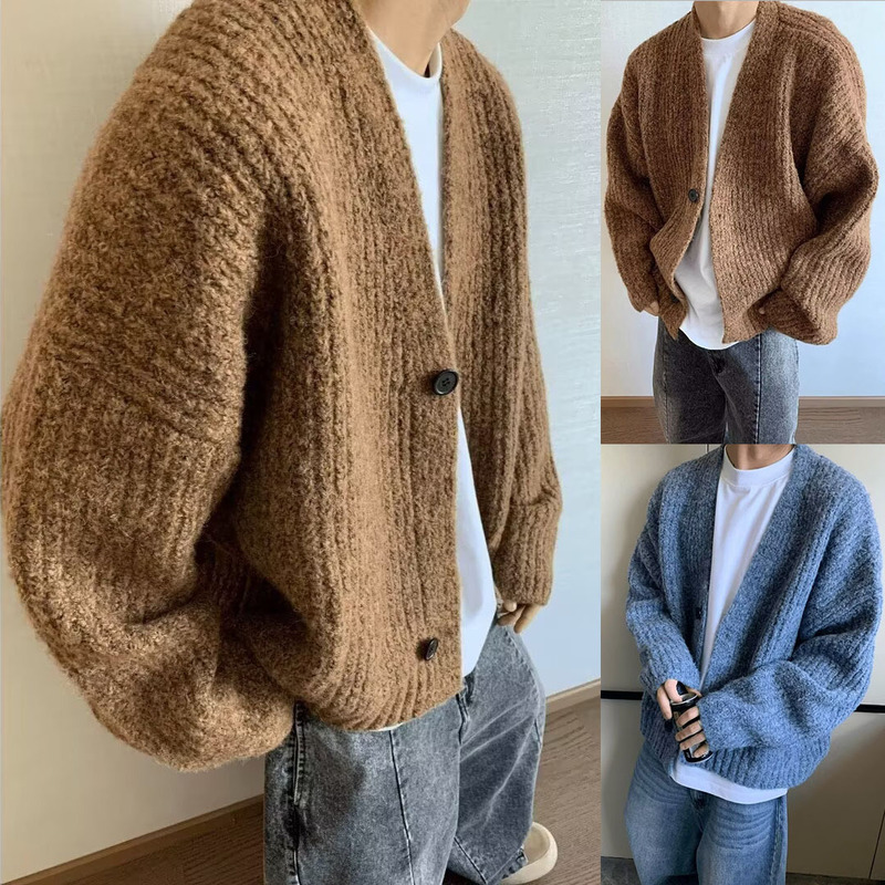 Mixed Color Thick Wool Knitwear Men's Large V Neck Cardigan Jacket Loose High-End Trendy Export Cross-Border Wholesale