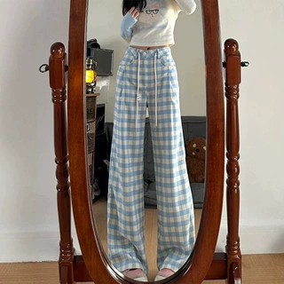 蓝色格子慵懒休闲裤女新款大码胖mm宽松显瘦百搭梨形身材阔腿裤子