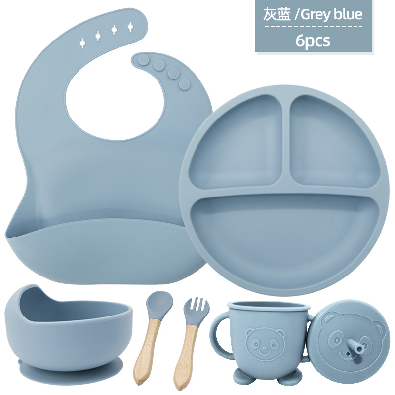 Juego de seis piezas de vajilla de silicona para niños, vajilla de alimentación para bebés para niños, tenedor, cuchara, ventosa, bolsa de arroz, taza de agua