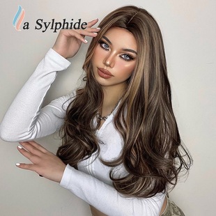 Brown highlight dyed golden cross-border European and American wig women's chemical fiber mechanism wig headgear mid-length curly hair