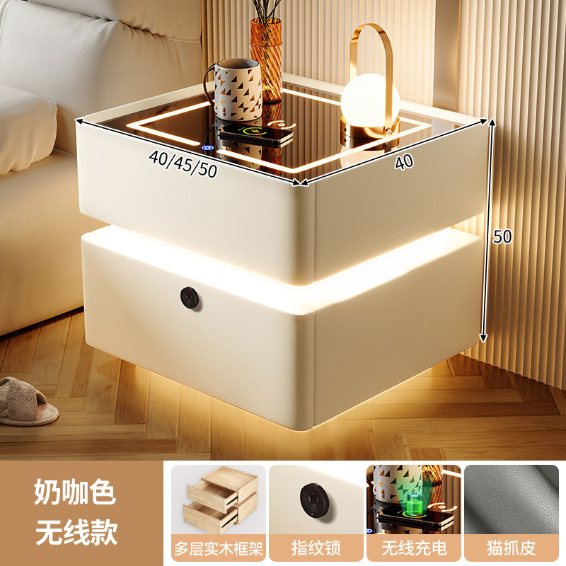Smart bedside desk negro todo madera maciza dormitorio doméstico 2025 nuevo lujo ligero de alta calidad huellas dactilares cerradura cabecera de almacenamiento