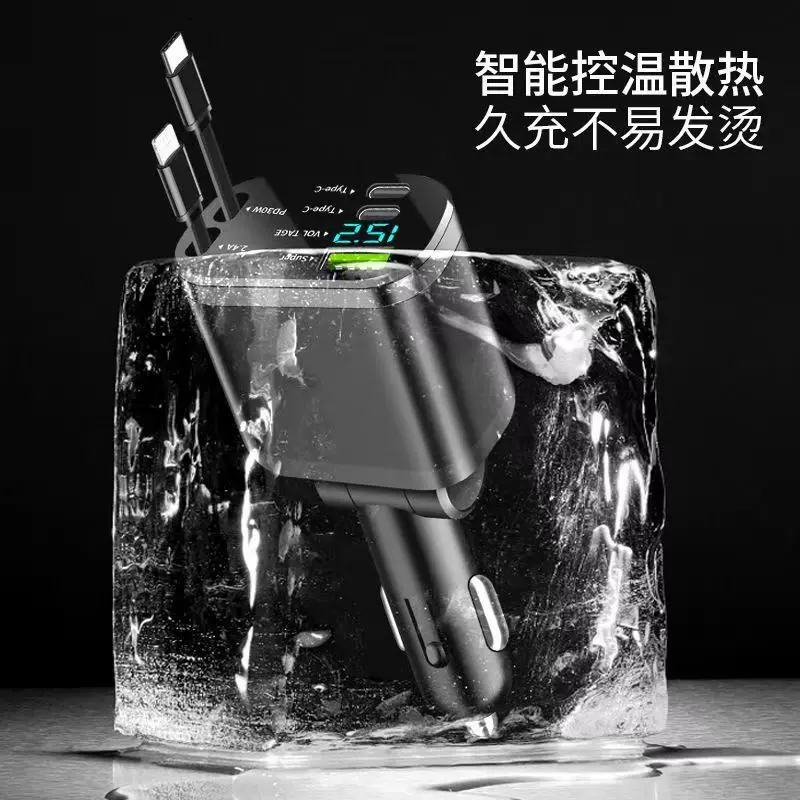 跨境车载手机充电器一拖二数显双线伸缩车充PD快充适用于华为苹果