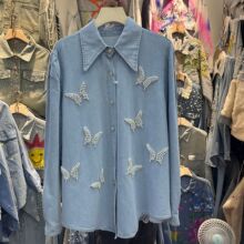 蓝色衬衫女2025秋季新款小众设计感立体蝴蝶宽松衬衣外套