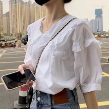 白色短袖衬衫女设计感2024夏季新款韩版宽松洋气衬衣