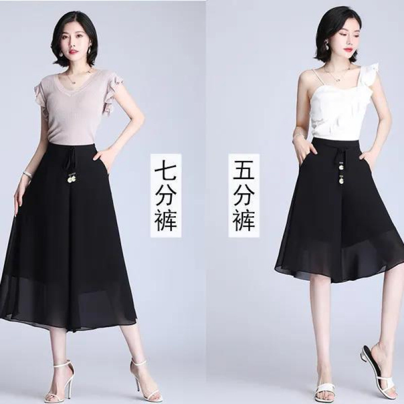 シフォン痩身スカートパンツ薄い夏七分ワイドレッグパンツ大きいサイズ弾性ハイウエストルーズカジュアルパンツ女性のスカート|undefined