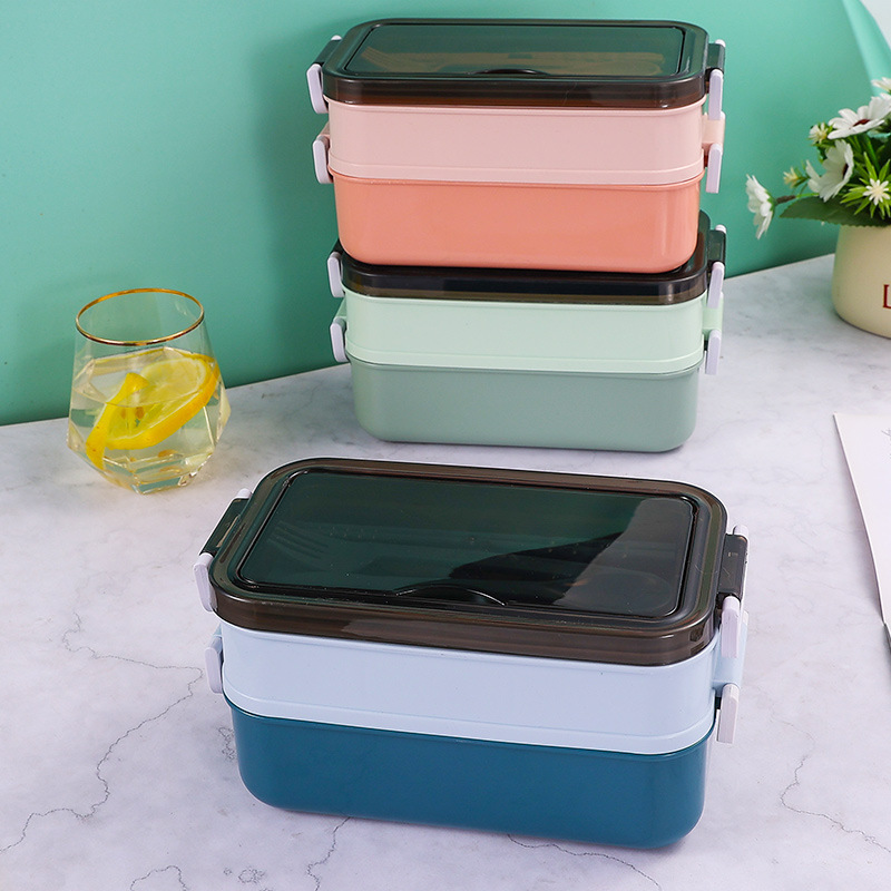 Fiambrera de plástico de doble capa, fiambrera dividida para estudiantes, lonchera de gran capacidad, lonchera portátil para exteriores, caja de conservación sellada