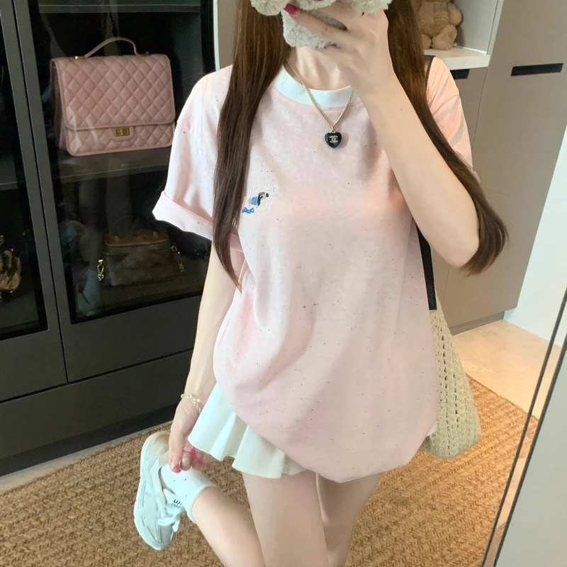 Unique and Stylish Colorful Dot Crew Neck Snowflake Cotton Regular Shoulder Short Sleeve T-Shirt for Women, Trendy and Versatile, Age-Reducing Top for Spring and Summer
