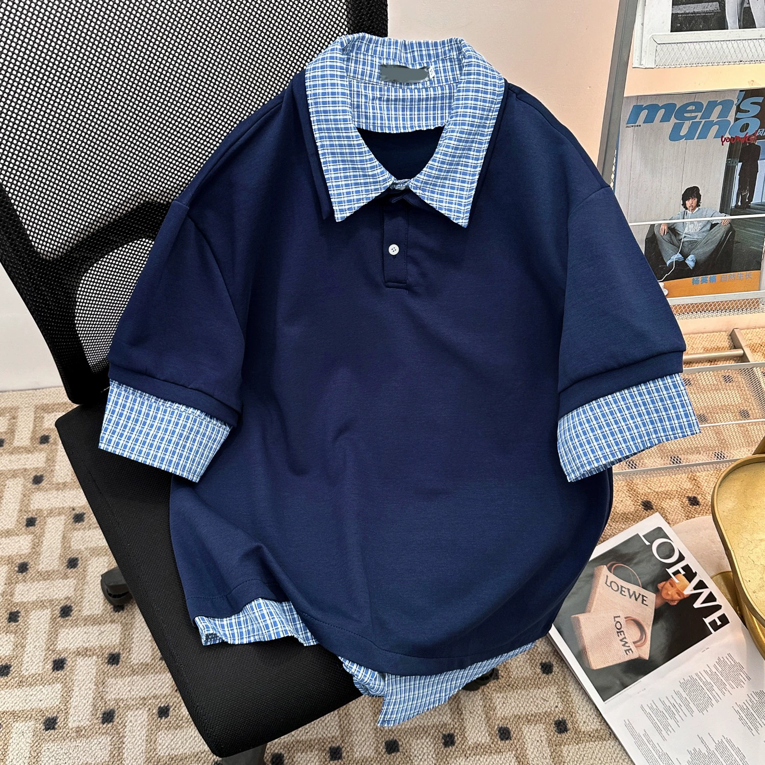 Темно-синяя мужская летняя модная рубашка из двух частей с короткими рукавами, сращенная футболка, тяжелая рубашка-поло в американском стиле преппи