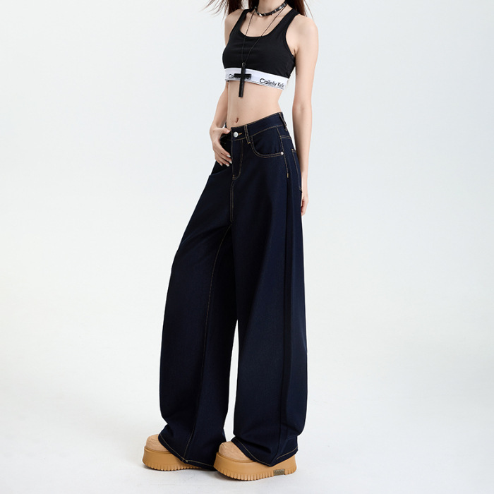 原牛色YKK拉链抗皱牛仔裤女2025秋季新款宽松阔腿垂感高腰小个子|undefined