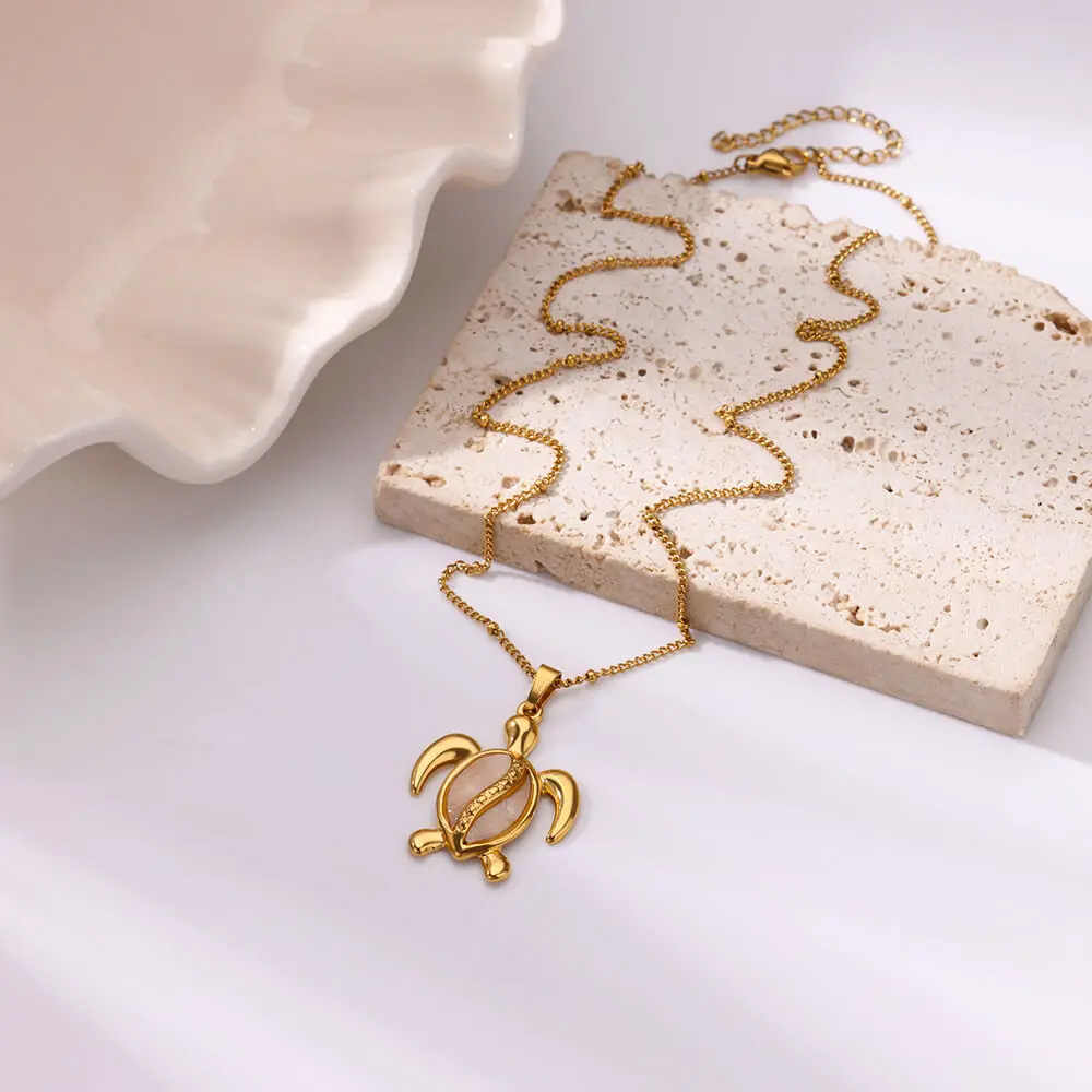 Casual, Daily Occasion PVD Coated Real Gold Plated Tortoise Starfish Conch 304 Stainless Steel Vintage Style Marine Style Waterproof Non Tarnish 304 Stainless Steel Lobster Trigger Clasp Closure Pendant Necklace
