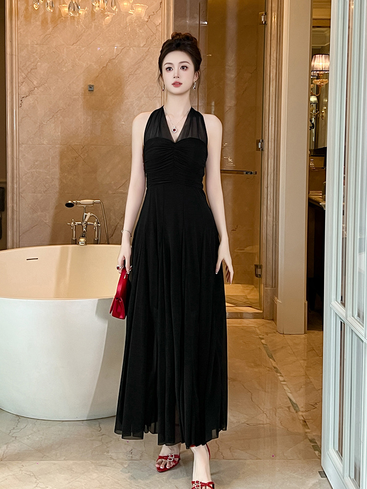 Đầm maxi nữ cổ chữ V lưới voan phong cách Pháp gợi cảm — Màu đen
