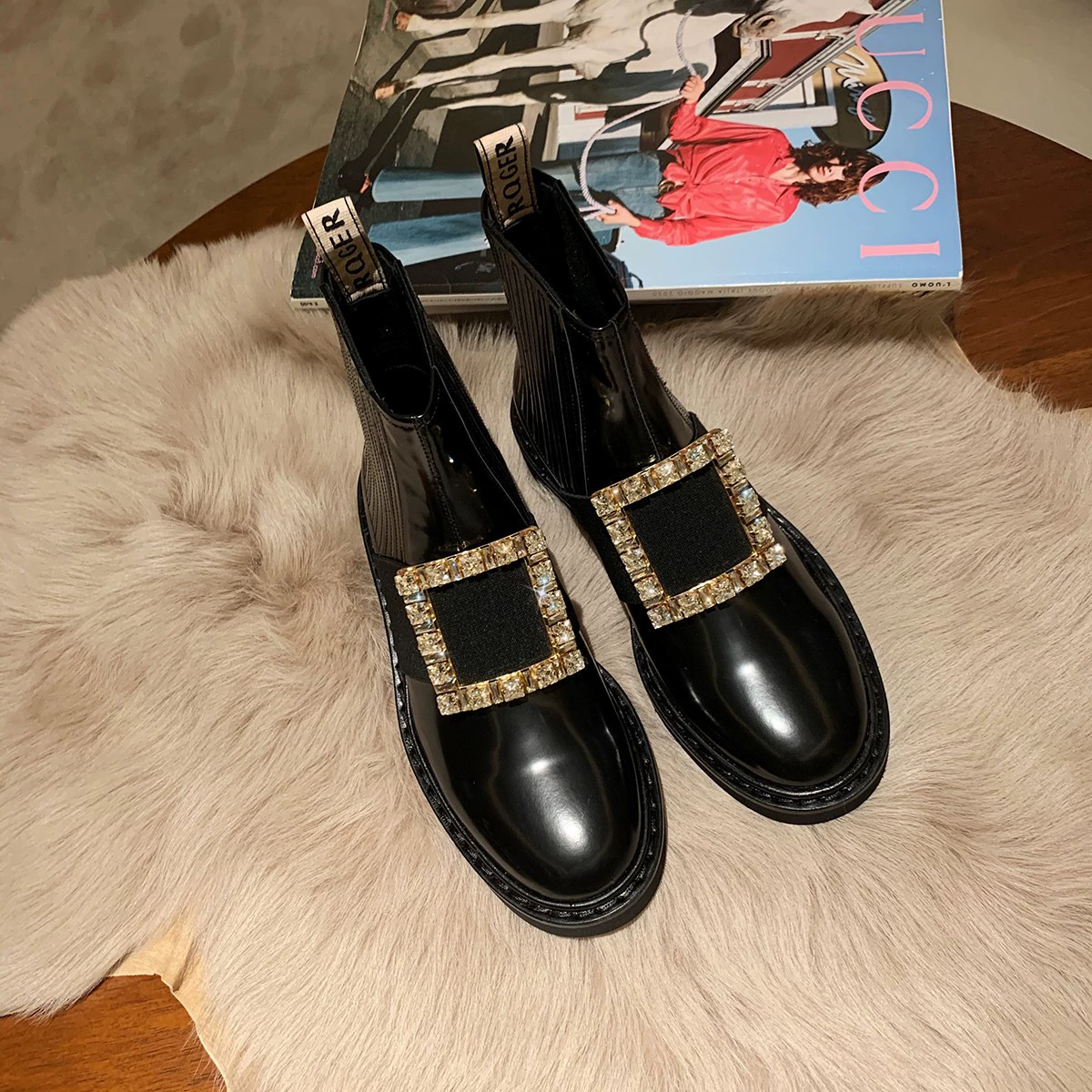 Новые женские ботинки на низком каблуке с квадратной пряжкой и стразами, универсальные, без застежки, осень-зима 2024