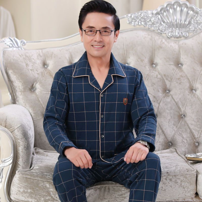 Pijamas hombres primavera y otoño manga larga 100% algodón de mediana edad y ancianos papá algodón más tamaño traje de desgaste para el hogar de los hombres