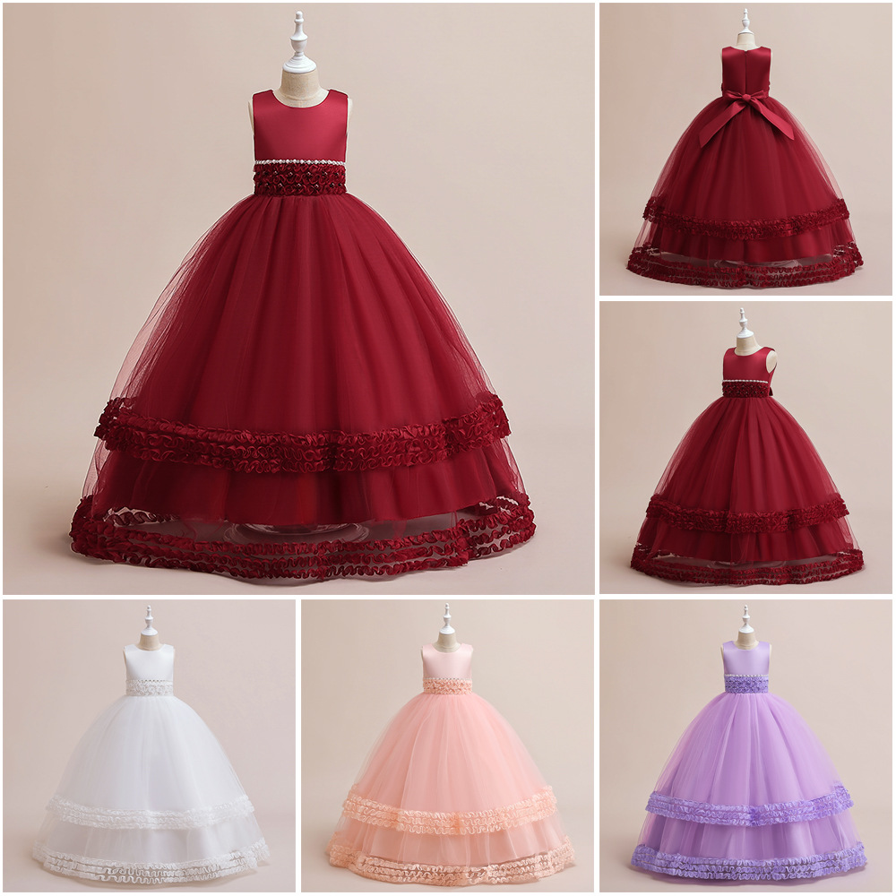 2024 New Cross-border Long Dress with Stereo Flowers Children's Formal Dress Beaded Puffed Skirt Piano Performance Dress for Girls