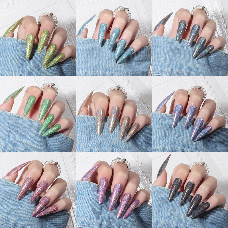 European and American long pointed nail laser glitter wear nail phototherapy nail oil glue sealing layer multi-color combination set nail patch